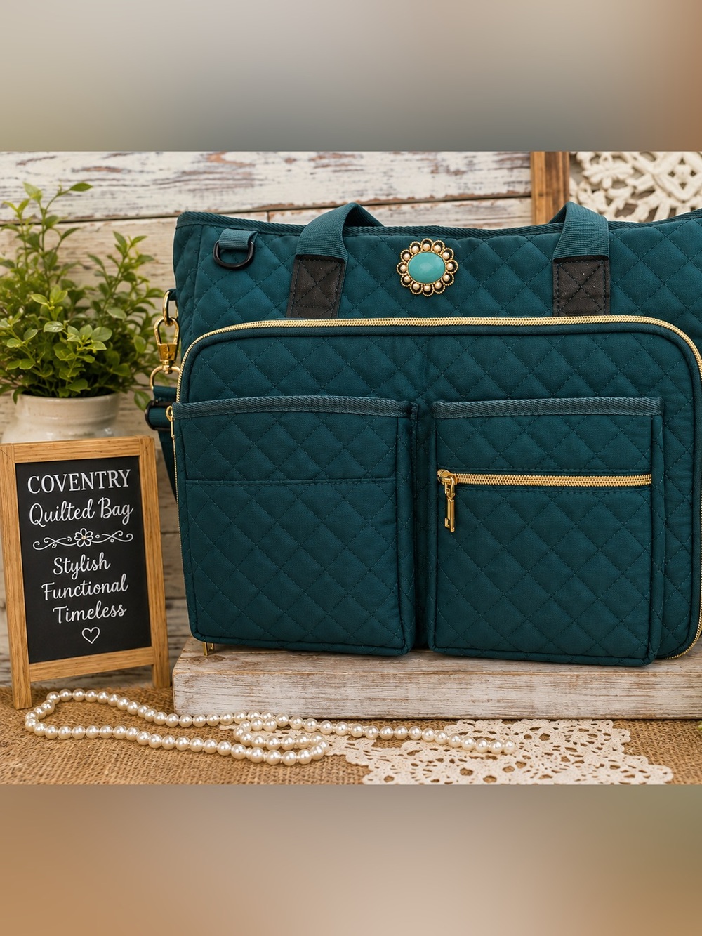 Teal Quilted Laptop /Tote Bag w/ Insulated Pockets